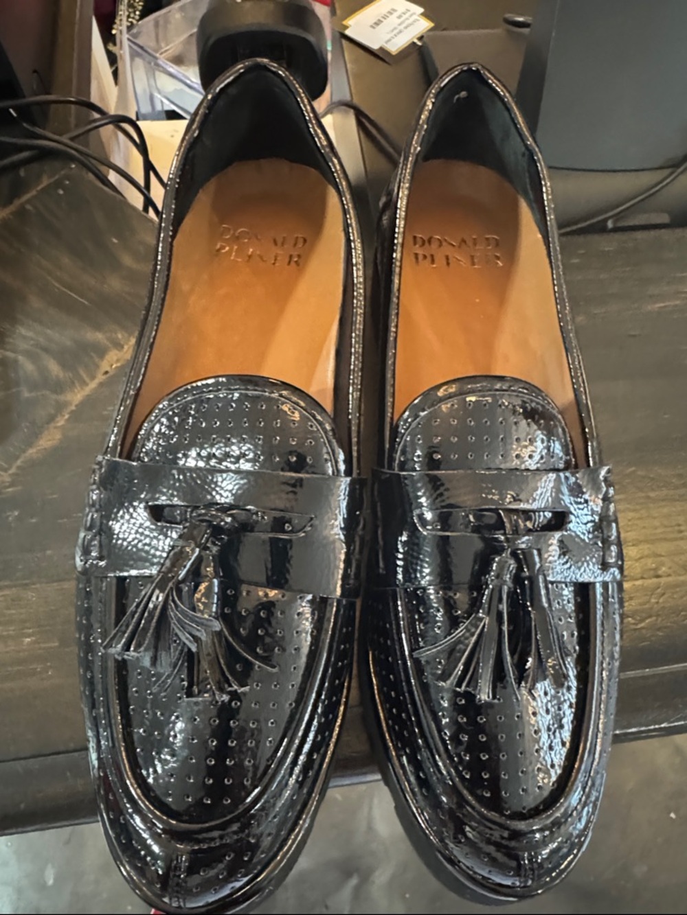 Donald J. Pliner Black Patent Leather Tassel Loafers